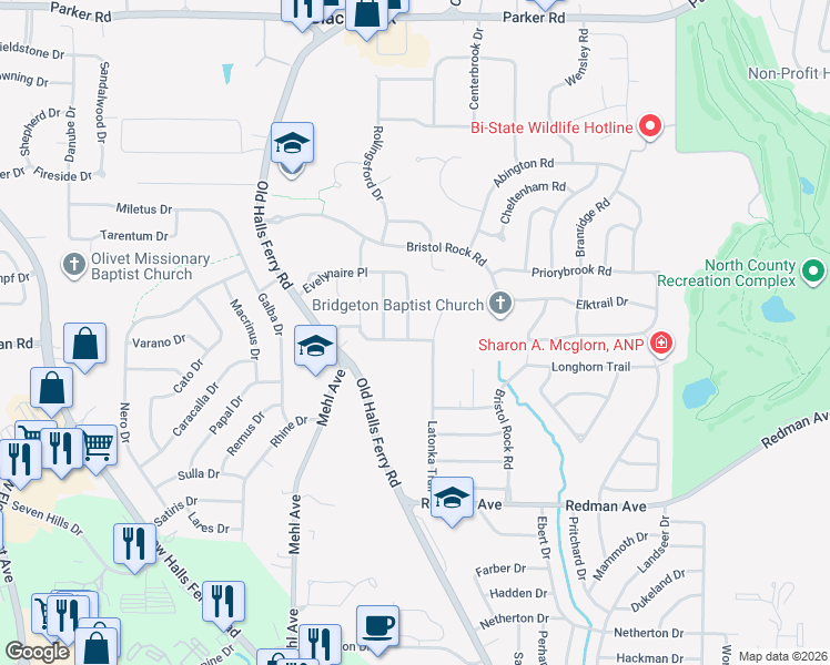 map of restaurants, bars, coffee shops, grocery stores, and more near 11615 Helenoak Drive in Florissant