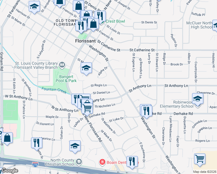 map of restaurants, bars, coffee shops, grocery stores, and more near 230 Saint Regis Lane in Florissant