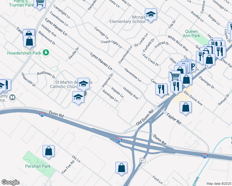 map of restaurants, bars, coffee shops, grocery stores, and more near 507 Impala Lane in Hazelwood