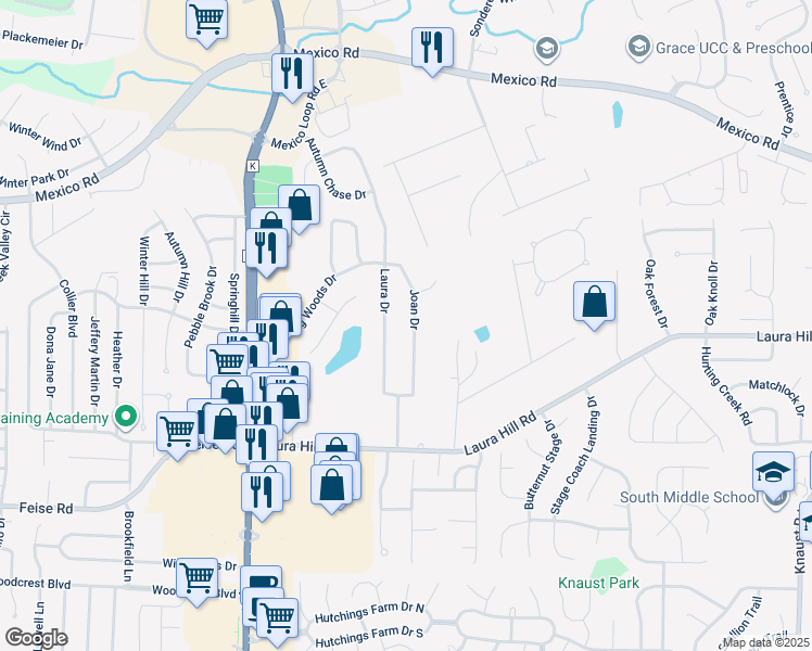 map of restaurants, bars, coffee shops, grocery stores, and more near 26 Joan Drive in St. Peters