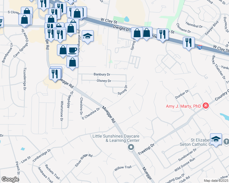 map of restaurants, bars, coffee shops, grocery stores, and more near 313 Spring Drive in Saint Charles