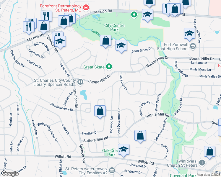 map of restaurants, bars, coffee shops, grocery stores, and more near 2 Dogwood Court in St. Peters