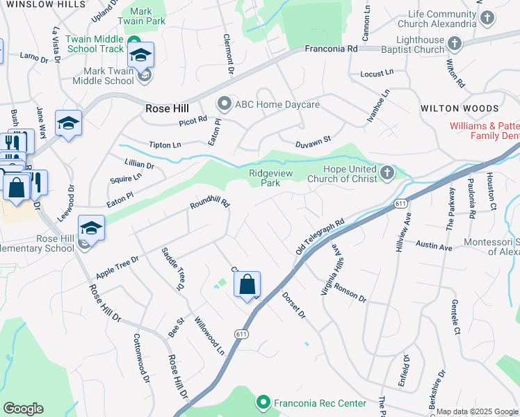 map of restaurants, bars, coffee shops, grocery stores, and more near 6129 Redwood Lane in Alexandria