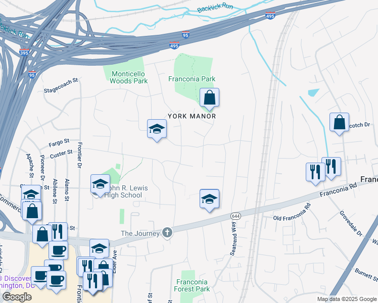 map of restaurants, bars, coffee shops, grocery stores, and more near 6413 Meriwether Lane in Springfield