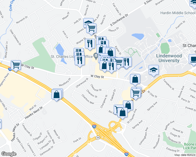 map of restaurants, bars, coffee shops, grocery stores, and more near 2535 West Clay Street in Saint Charles