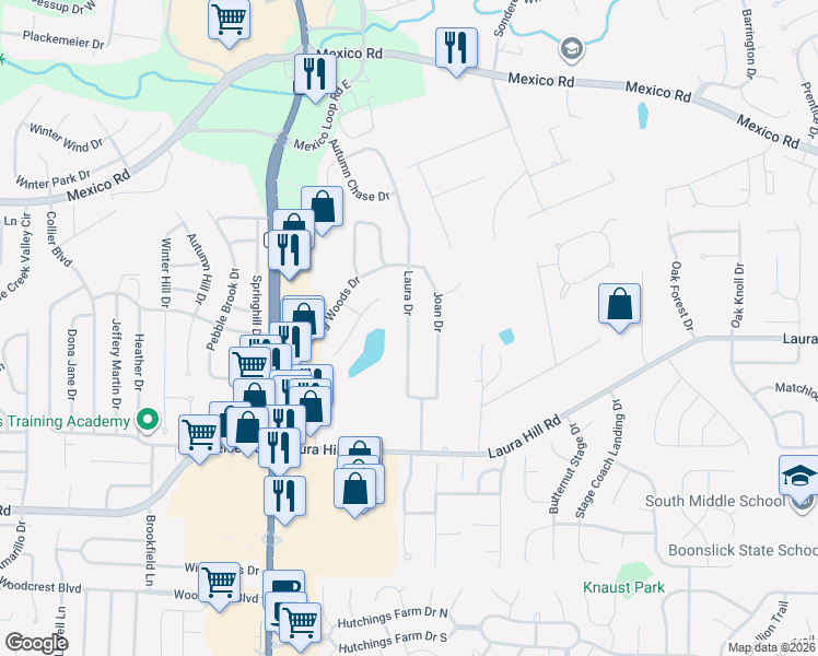 map of restaurants, bars, coffee shops, grocery stores, and more near 30 Laura Drive in O'Fallon