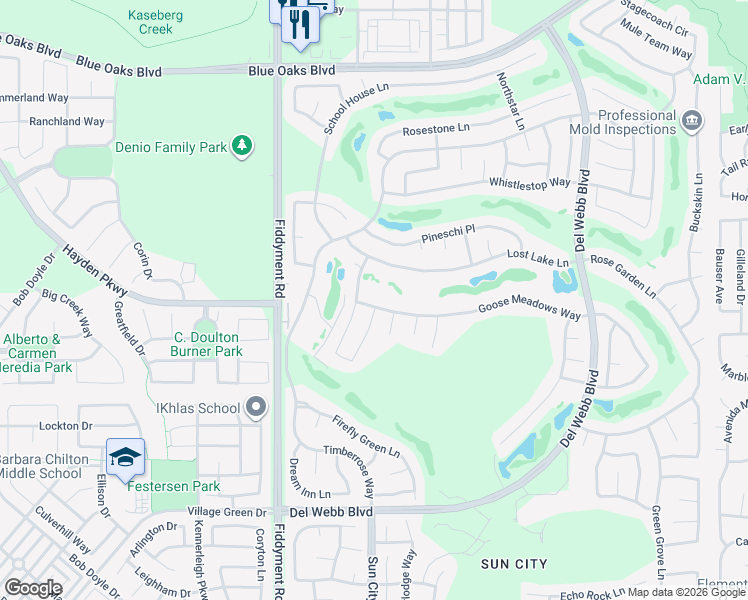 map of restaurants, bars, coffee shops, grocery stores, and more near 7612 Goose Meadows Way in Roseville
