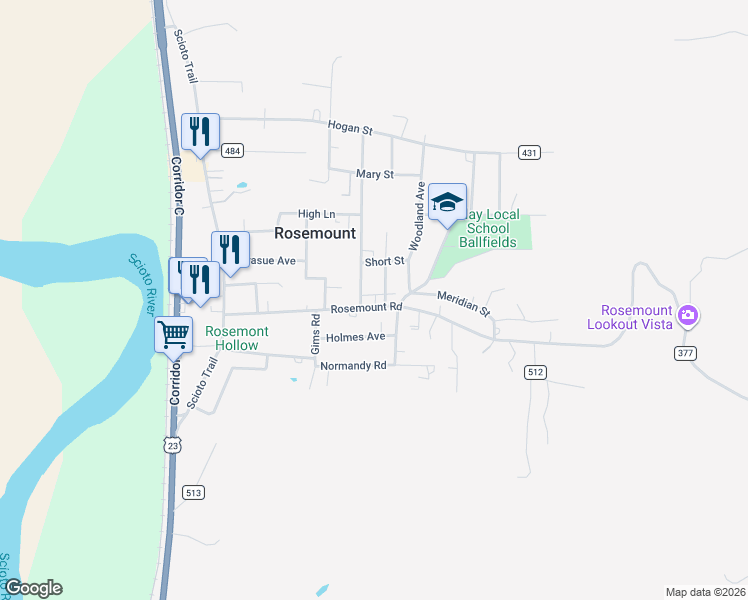 map of restaurants, bars, coffee shops, grocery stores, and more near 1359 Rosemount Road in Portsmouth