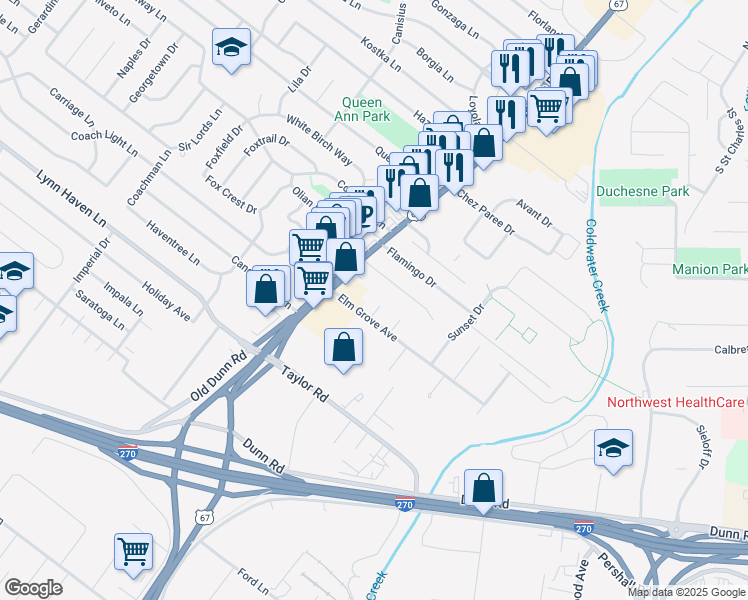 map of restaurants, bars, coffee shops, grocery stores, and more near 7409 Lynn Grove Court in Hazelwood