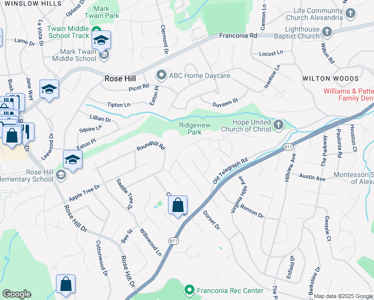 map of restaurants, bars, coffee shops, grocery stores, and more near 6129 Redwood Lane in Alexandria