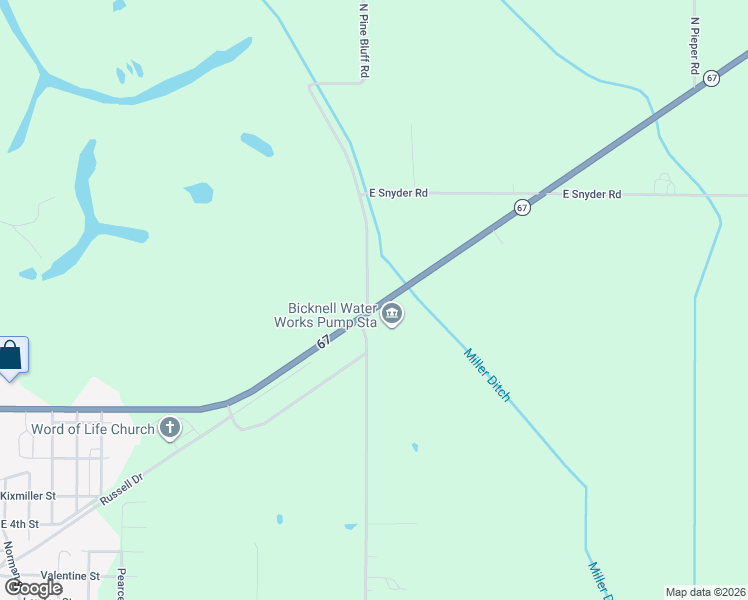 map of restaurants, bars, coffee shops, grocery stores, and more near 7372 Indiana 67 in Bicknell
