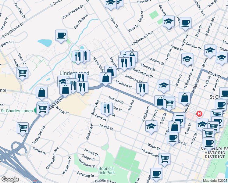 map of restaurants, bars, coffee shops, grocery stores, and more near 1101 1st Capitol Drive in Saint Charles