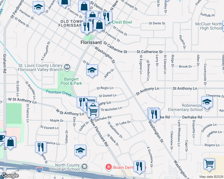 map of restaurants, bars, coffee shops, grocery stores, and more near 230 Saint Regis Lane in Florissant