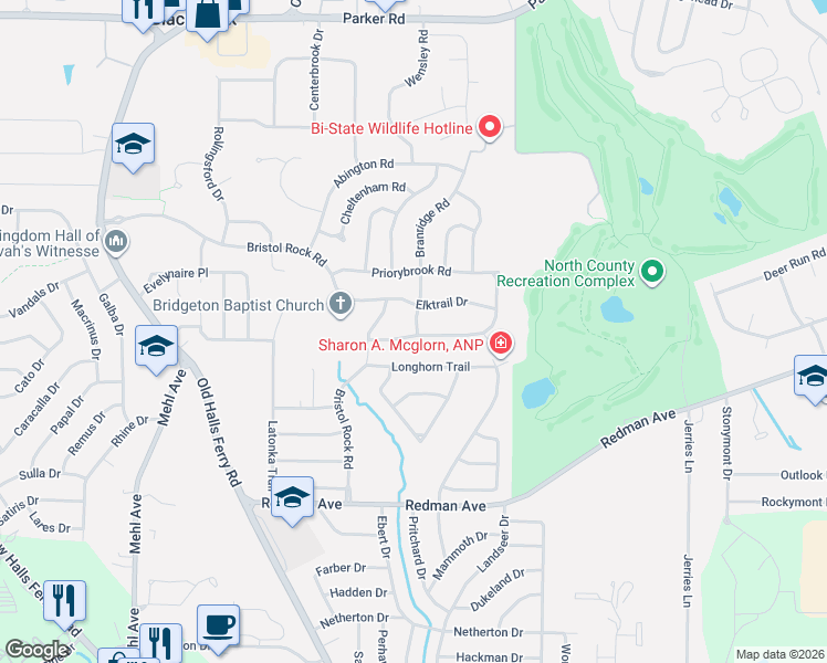 map of restaurants, bars, coffee shops, grocery stores, and more near 5189 Edgemere Drive in Florissant