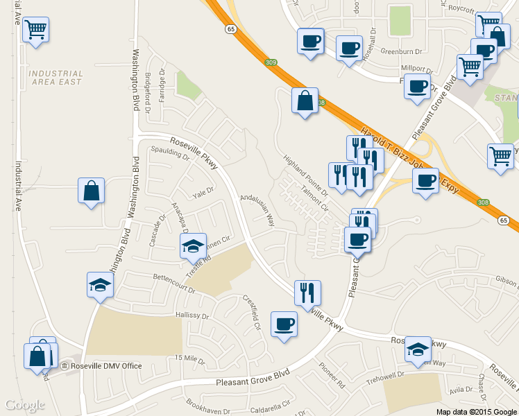 map of restaurants, bars, coffee shops, grocery stores, and more near 172 Andalusian Way in Roseville