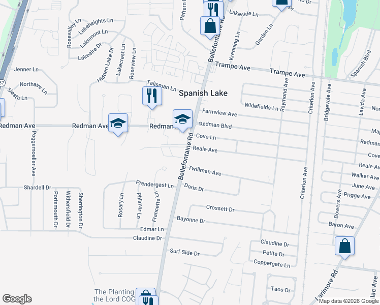 map of restaurants, bars, coffee shops, grocery stores, and more near 11724 Bellefontaine Road in St. Louis