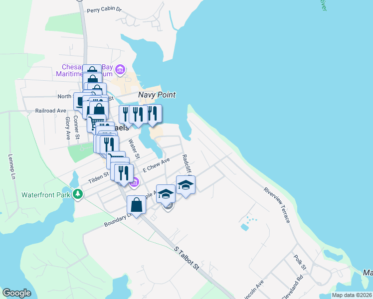 map of restaurants, bars, coffee shops, grocery stores, and more near 609 Radcliff Avenue in Saint Michaels