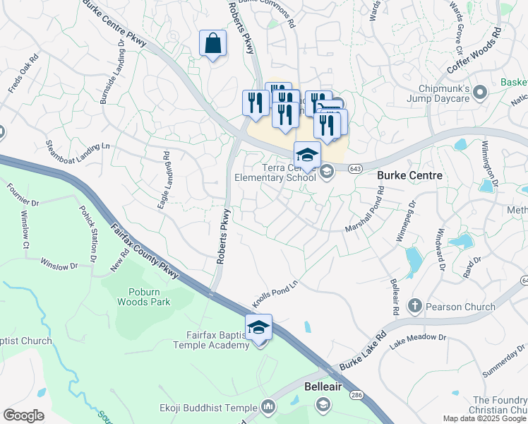 map of restaurants, bars, coffee shops, grocery stores, and more near 6127 Pond Spice Lane in Burke