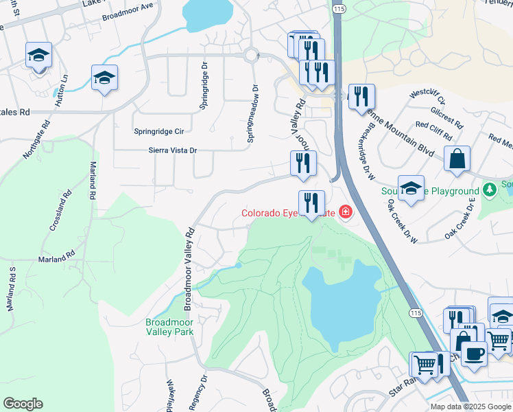 map of restaurants, bars, coffee shops, grocery stores, and more near 3315 Clubview Terrace in Colorado Springs
