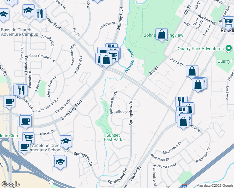 map of restaurants, bars, coffee shops, grocery stores, and more near 5730 Shannon Bay Drive in Rocklin