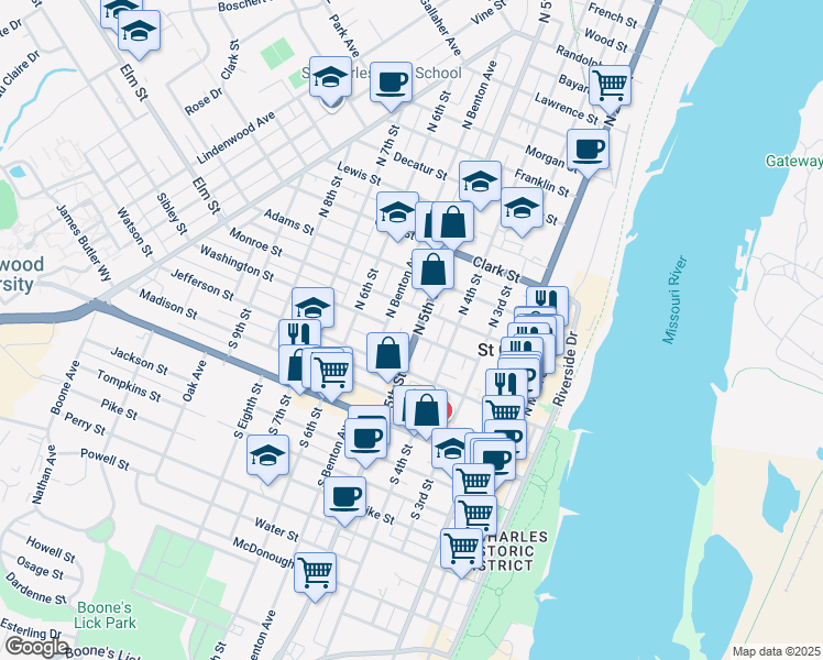 map of restaurants, bars, coffee shops, grocery stores, and more near 205 North 5th Street in Saint Charles