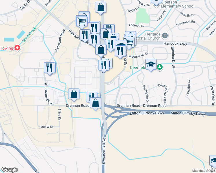 map of restaurants, bars, coffee shops, grocery stores, and more near 3809 Lakehurst Drive in Colorado Springs