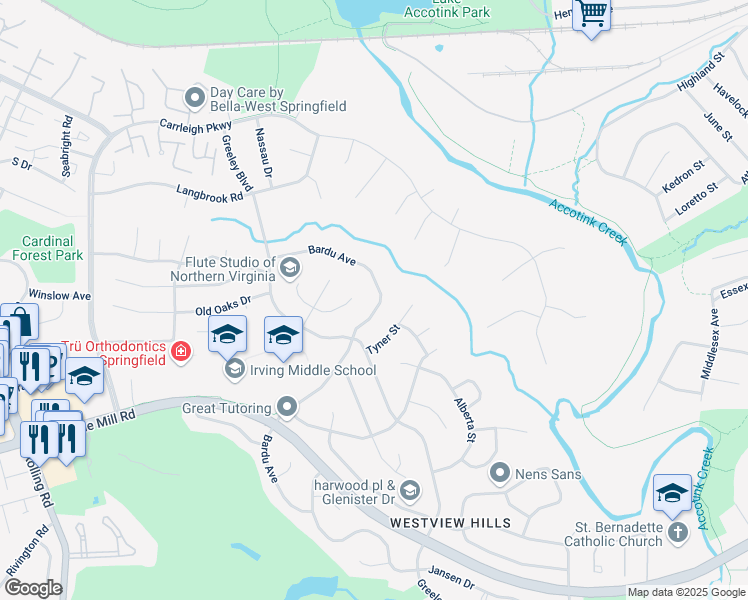 map of restaurants, bars, coffee shops, grocery stores, and more near 6142 Bardu Avenue in Springfield