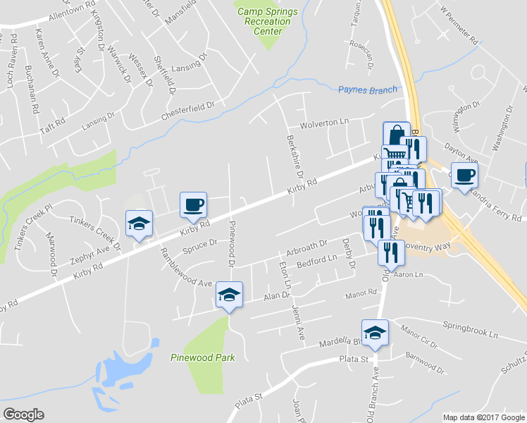 map of restaurants, bars, coffee shops, grocery stores, and more near 5809 Kirby Road in Clinton