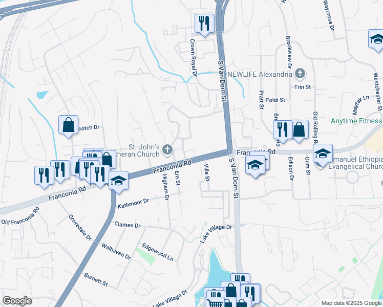 map of restaurants, bars, coffee shops, grocery stores, and more near 6007 Sweet Pea Court in Alexandria