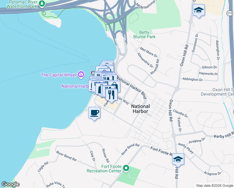 map of restaurants, bars, coffee shops, grocery stores, and more near 230 American Way in Oxon Hill