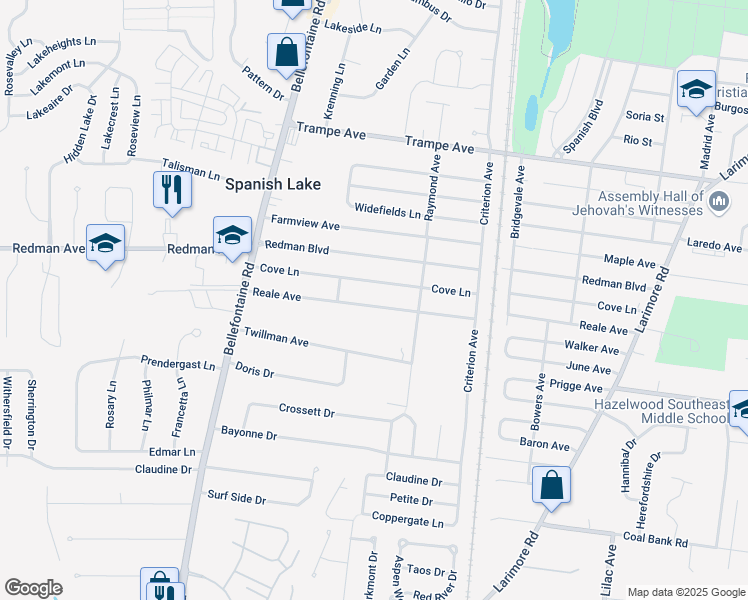 map of restaurants, bars, coffee shops, grocery stores, and more near 1435 Reale Avenue in St. Louis