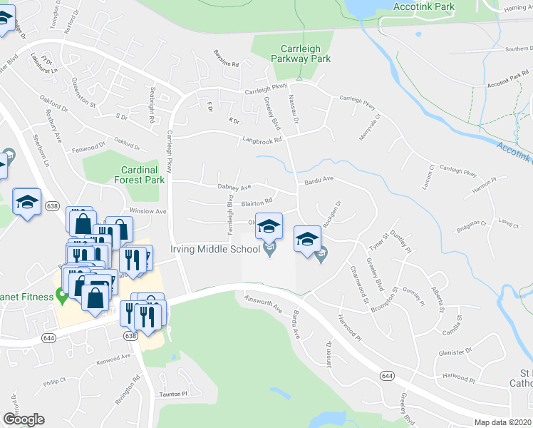 map of restaurants, bars, coffee shops, grocery stores, and more near 8110 Old Oaks Drive in West Springfield