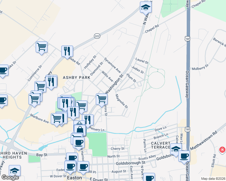 map of restaurants, bars, coffee shops, grocery stores, and more near 410 North Washington Street in Easton