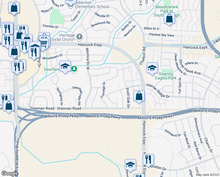 map of restaurants, bars, coffee shops, grocery stores, and more near 4545 Hollyridge Drive in Colorado Springs
