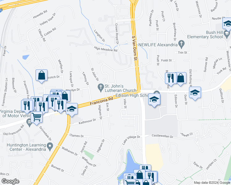 map of restaurants, bars, coffee shops, grocery stores, and more near 6007 Sweet Pea Court in Alexandria