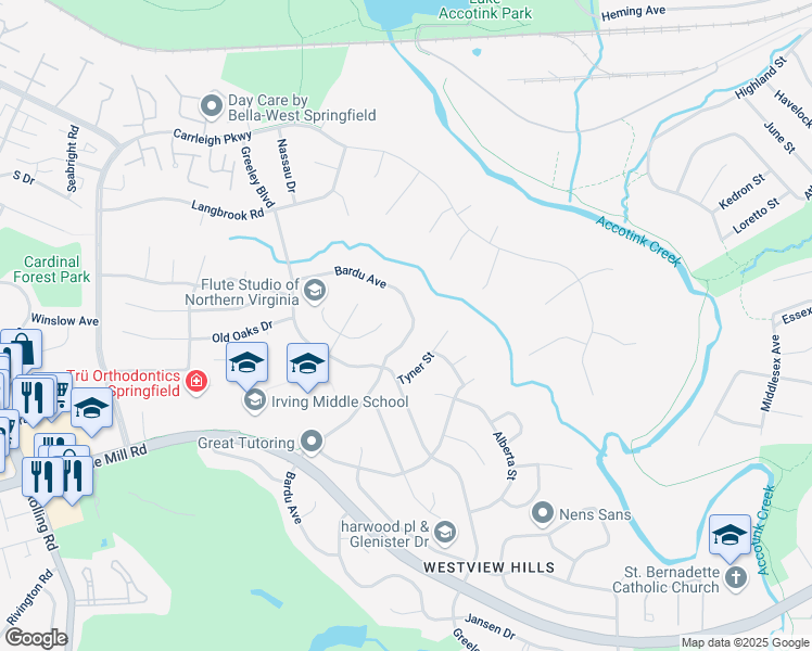 map of restaurants, bars, coffee shops, grocery stores, and more near 6142 Bardu Avenue in Springfield