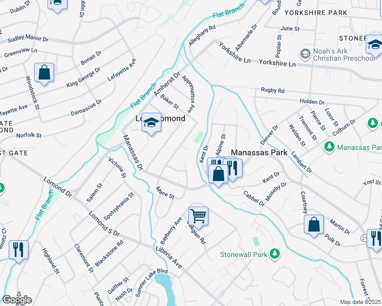 map of restaurants, bars, coffee shops, grocery stores, and more near 109 Jenkins Court in Manassas Park