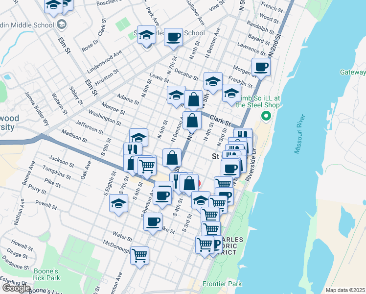 map of restaurants, bars, coffee shops, grocery stores, and more near 205 North 5th Street in Saint Charles