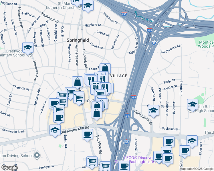 map of restaurants, bars, coffee shops, grocery stores, and more near 6122 Brandon Avenue in Springfield