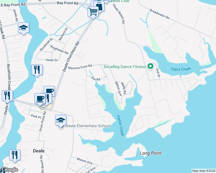 map of restaurants, bars, coffee shops, grocery stores, and more near 5932 Sneed Drive in Deale