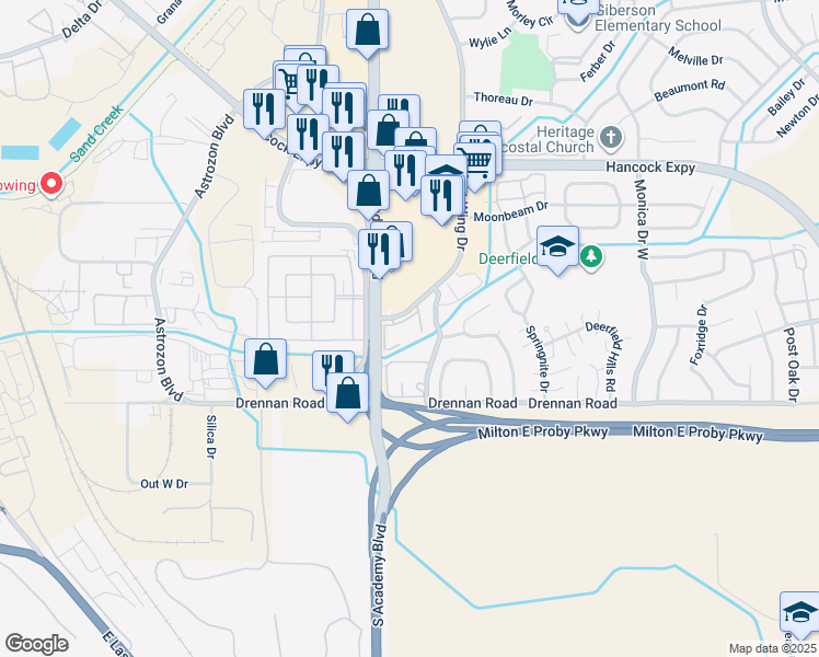 map of restaurants, bars, coffee shops, grocery stores, and more near 3925 Colony Hills Circle in Colorado Springs