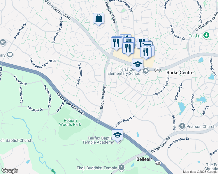 map of restaurants, bars, coffee shops, grocery stores, and more near 10318 Mockingbird Pond Ct in Burke