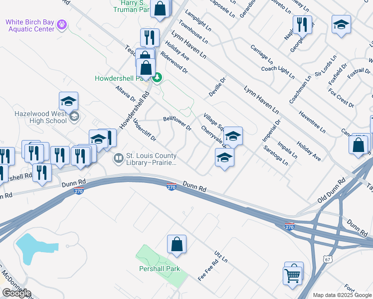 map of restaurants, bars, coffee shops, grocery stores, and more near 6708 Village Square Dr in Hazelwood