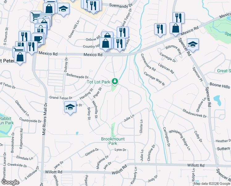 map of restaurants, bars, coffee shops, grocery stores, and more near 12 Wendy Lane in St. Peters