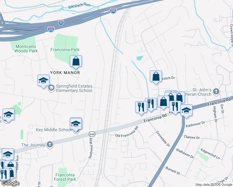 map of restaurants, bars, coffee shops, grocery stores, and more near 6131 Franconia Station Lane in Alexandria