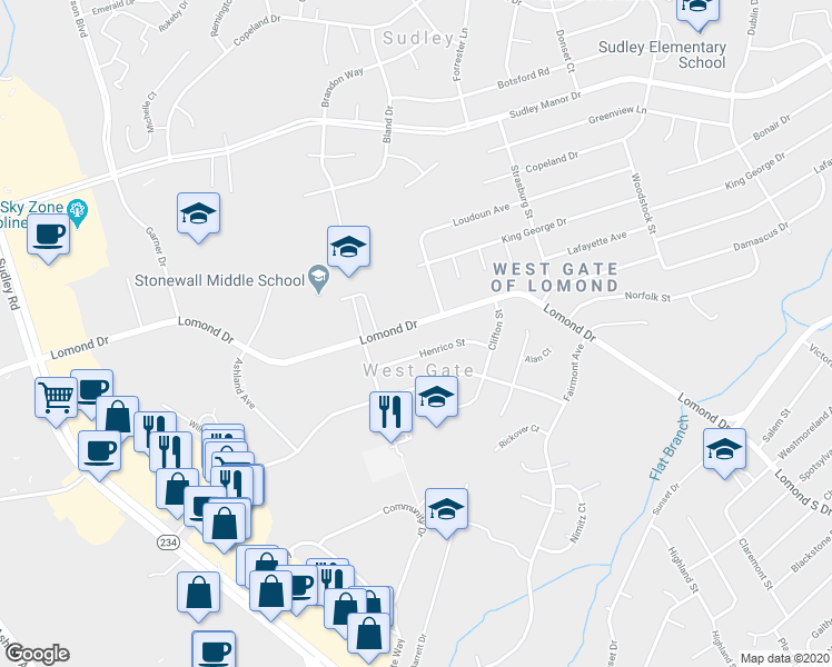 map of restaurants, bars, coffee shops, grocery stores, and more near 10009 Lomond Drive in Manassas