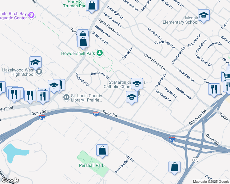 map of restaurants, bars, coffee shops, grocery stores, and more near 6714 Sandy Hill Drive in Hazelwood