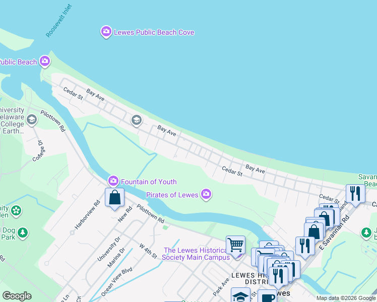 map of restaurants, bars, coffee shops, grocery stores, and more near Cedar Street in Lewes