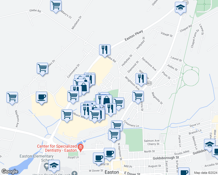 map of restaurants, bars, coffee shops, grocery stores, and more near 329 Ashby Commons Drive in Easton