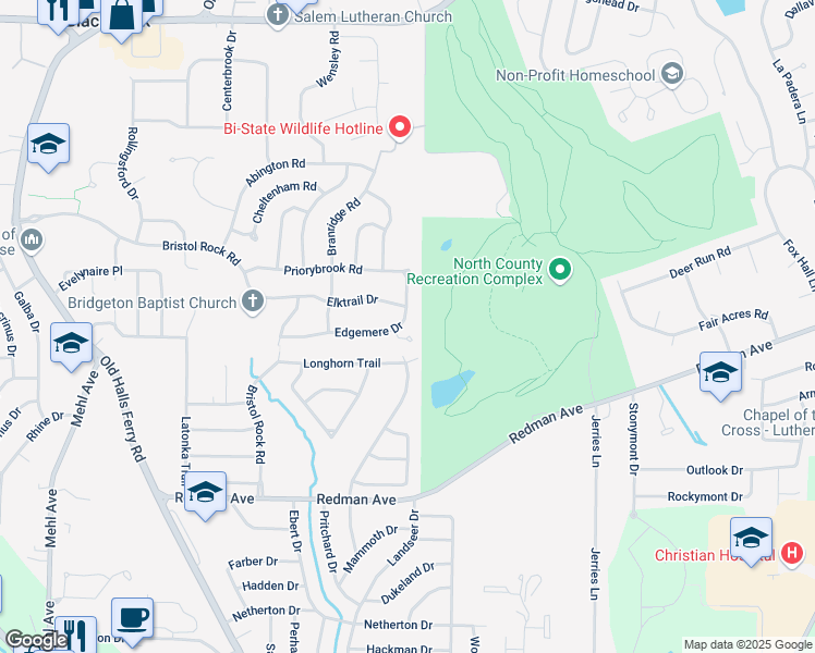 map of restaurants, bars, coffee shops, grocery stores, and more near 19 Edgemere Court in Florissant